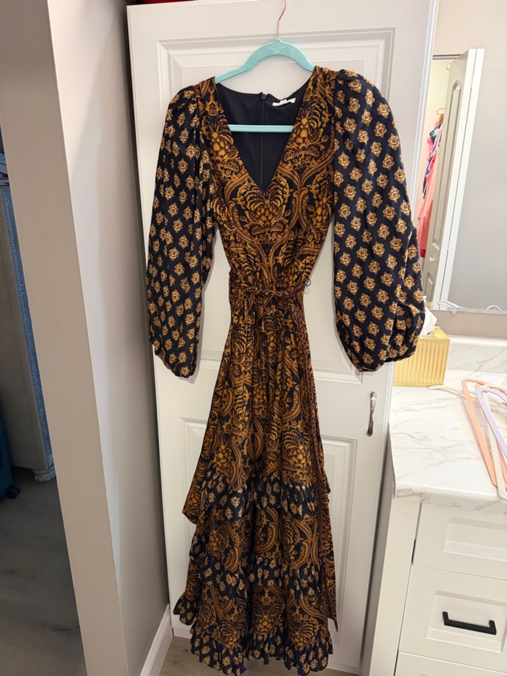 Black & Mustard Paisley V-Neck Tiered Maxi Dress